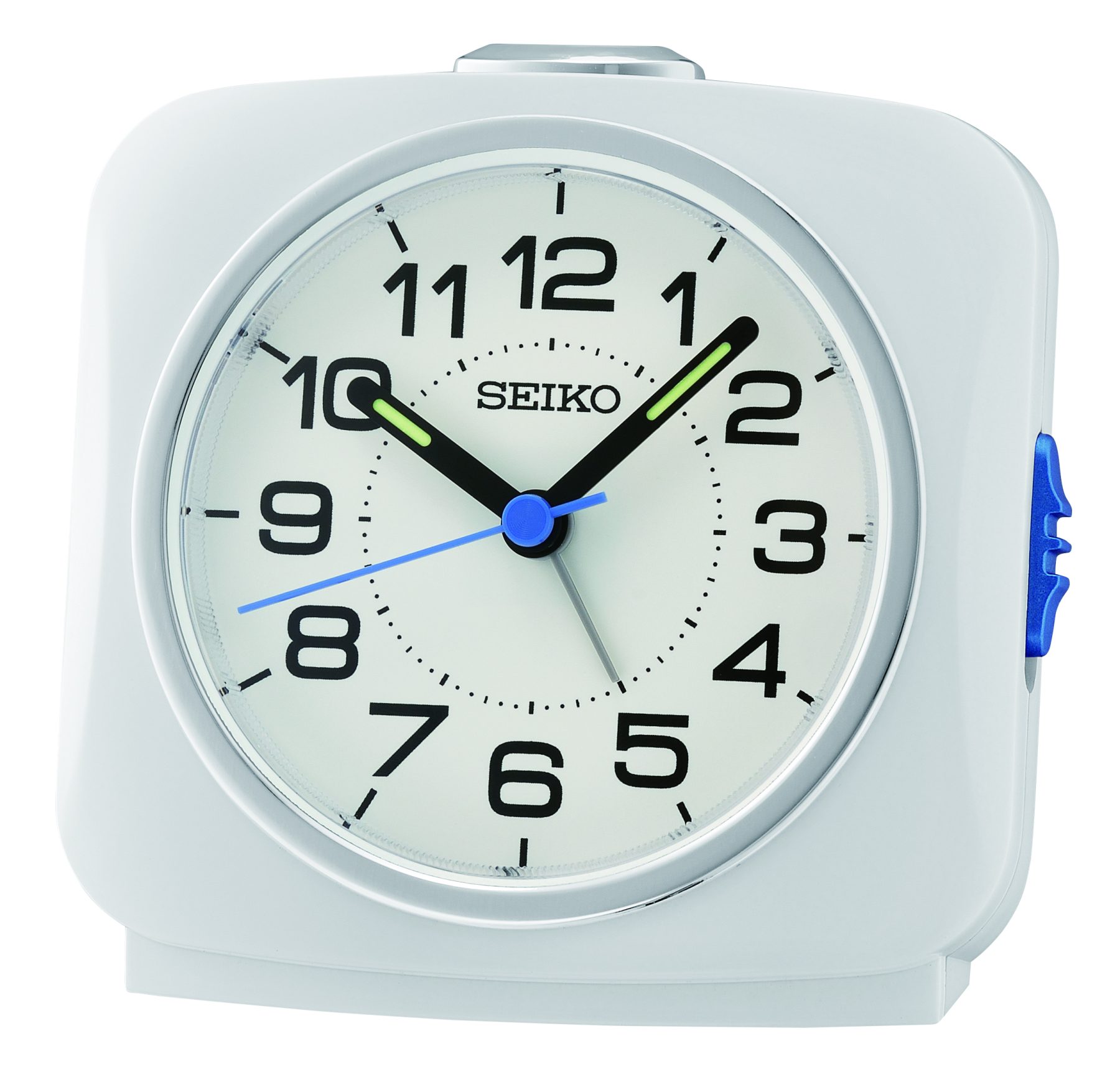 Seiko Clock QHE194W - Sveglia Analogica Bianca Con Luci E Snooze, Movimento Continuo, Dimensioni 9,5x9,4x6,6 Cm